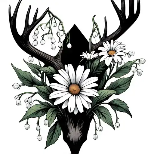 Antlers With Daisy And Lily Of The Valley Flower