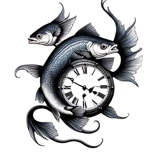 Two Godl Fishes With Long Tail And They Arounding A Clock