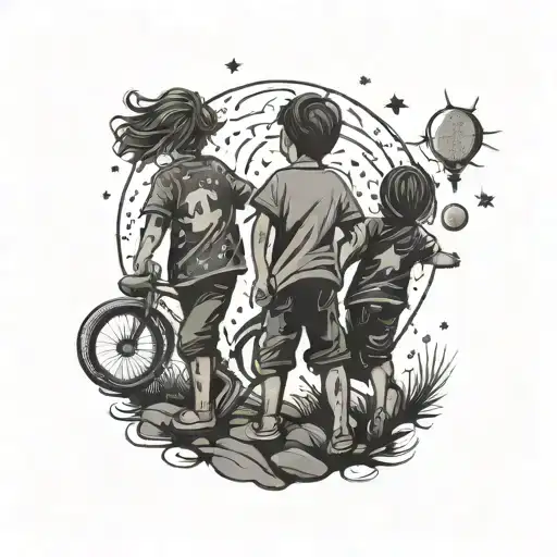 A Tattoo Design Featuring Four Kids Playing Under A Starry Night Sky