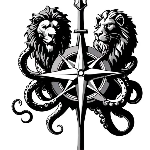 Ship Compass Intertwined With Octopus Trident And Lion