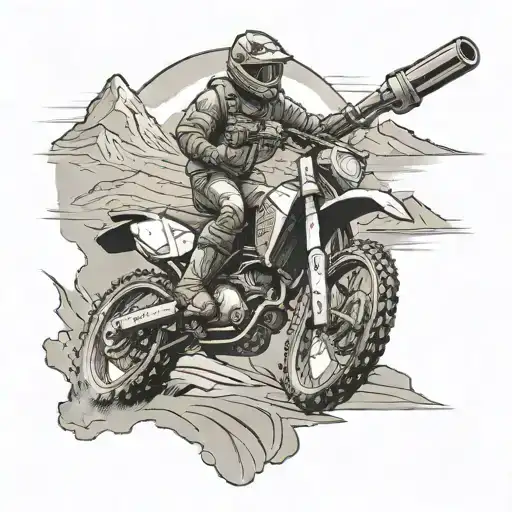 A Dirtbike Racing Through A Rugged Mountain Terrain With A Hunting Rifle Strapped To The Back