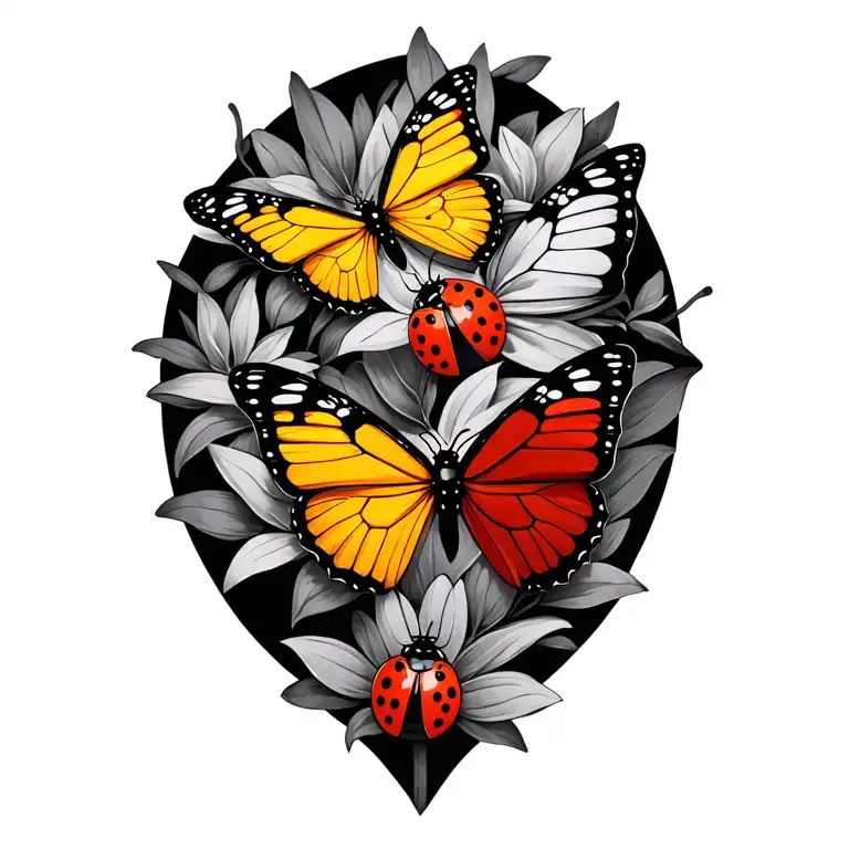 Butterflies And Ladybugs In Black And Grey With One Butterfly In Yellow And One Ladybug In Red