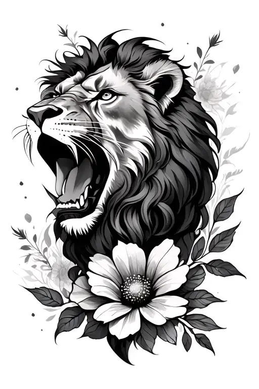 Feminine Lion Head Roaring With Flower Surrounded