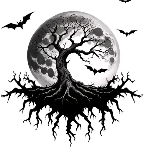 Poison Tree With Spider As Roots And Bats Around And Full Moon