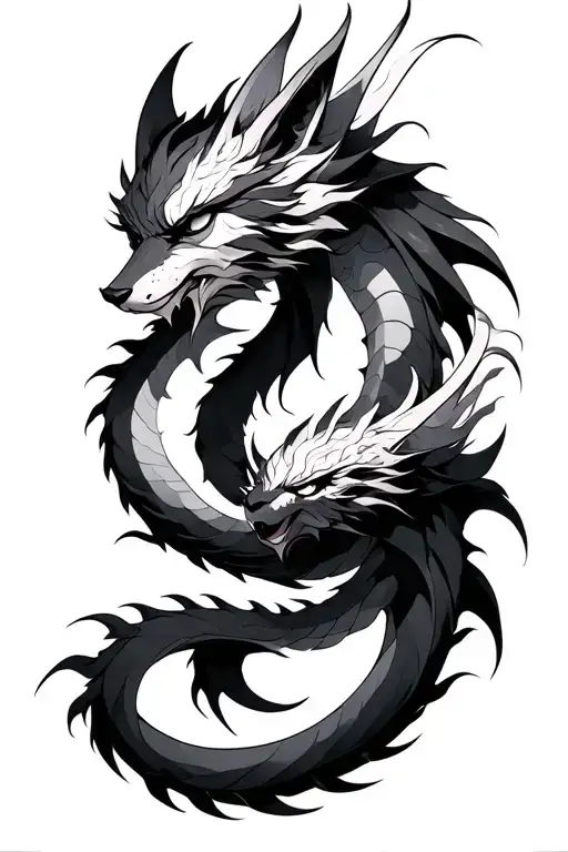 9 Tailed Fox And Dragon Wrapped Around Each Other