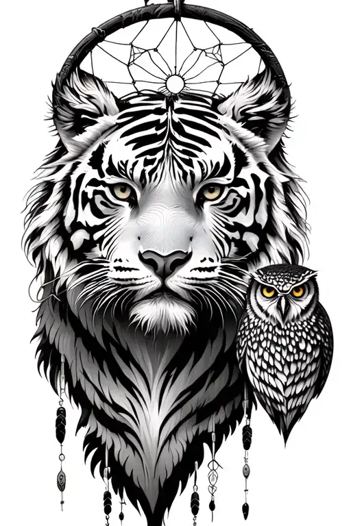 Dream Catcher With White Siberian Tiger And Owl