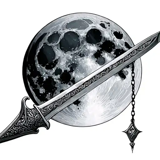 Sword Held By A String Hanging Over A Full Moon