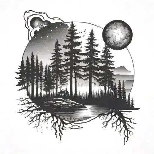 Outer Forearm Design Featuring A Scenic Silhouette Forest And The Northern Lights