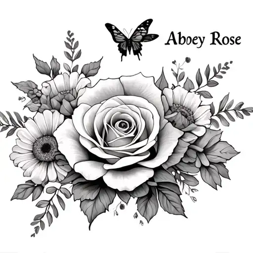 Abbey Rose Name With Marigold And Rose Flowers And Butter Fly