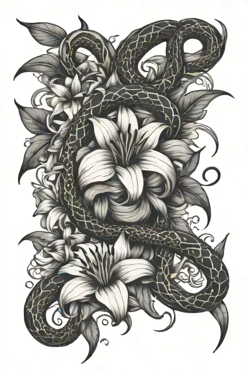 Snake Intertwined In Tiger Lilies And Sunflowers