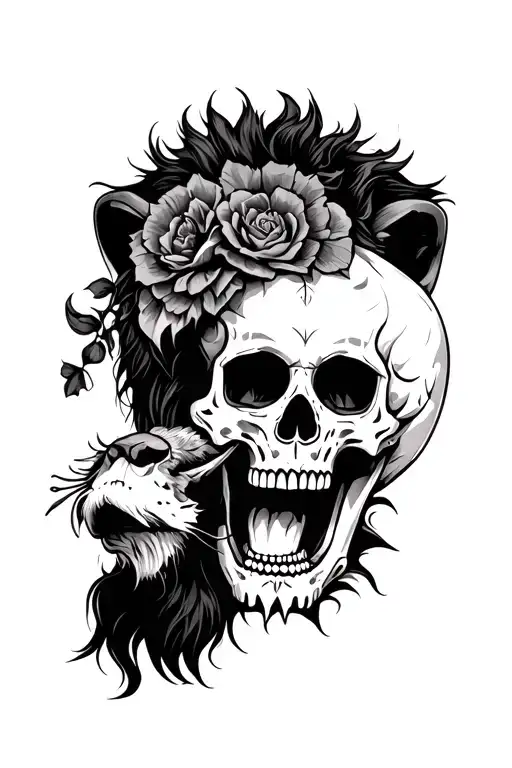 Realistic Lion Eating Day Of The Dead Skull