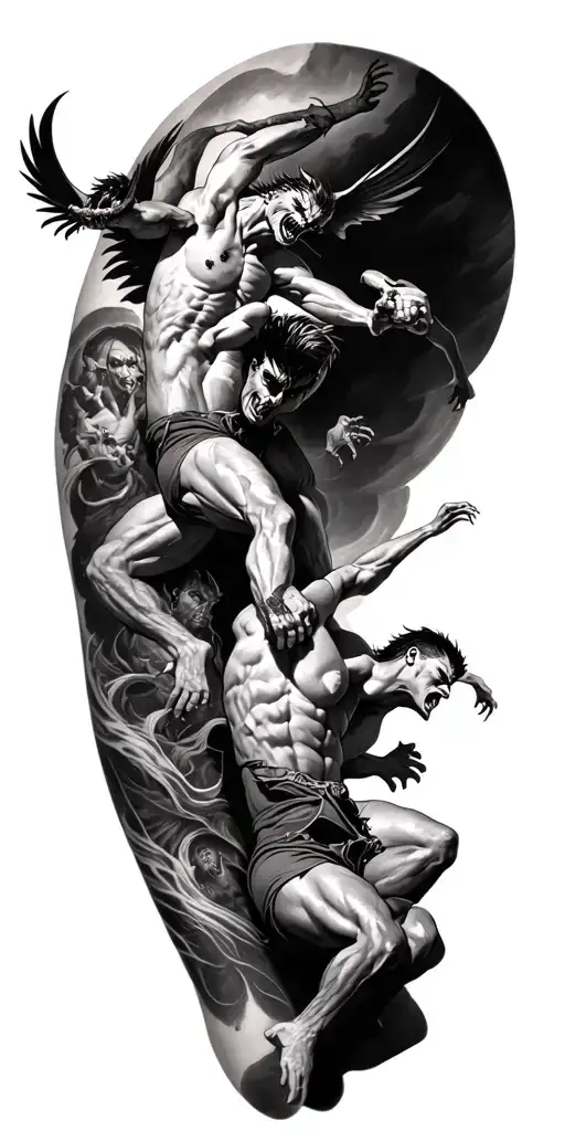 Demons Flying Down Arm To Attack Men Ready To Fight Back