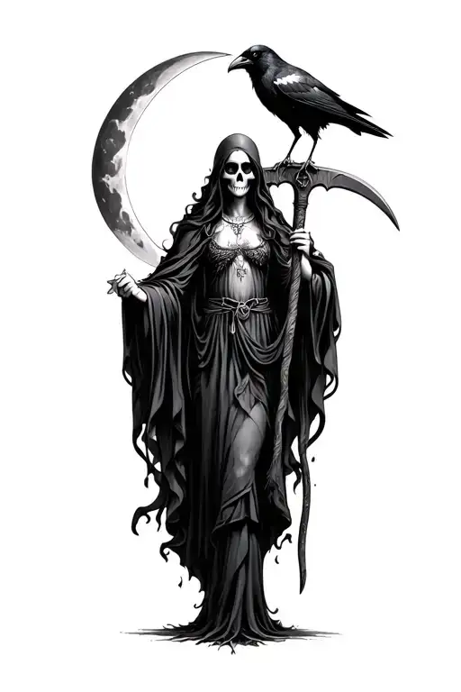 Santa Muerte Holding A Scythe With A Raven Perched On Top Add Crescent Moon In Background