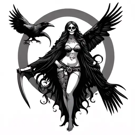 A Sexy Santa Muerte With Crescent Moon Behind Her And A Raven Perched On Scythe