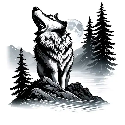 Wolf On Mountain Howling The White Moon With Water And Background Trees