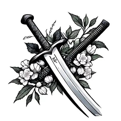 Katana Sword With Buds Surrounded By Foliage