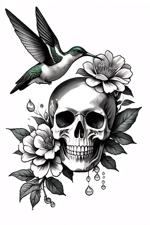 Skull Flowers Intertwined With Hummingbird Sipping Nectar