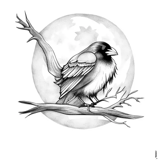 Crow On Branch With Full Moon Sky Background