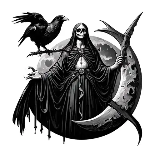 Santa Muerte With Crecsemoon And Raven On Scythe Looking Moon