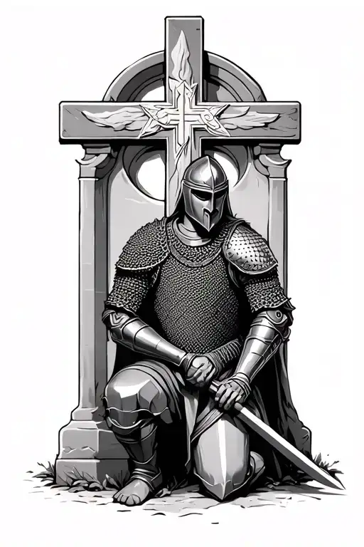 Knight In Chainmail Kneeling At Cross Headstone
