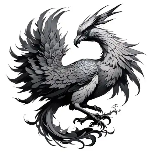 Black And Grey Phoenix With Onamori Flowing Drom Tail