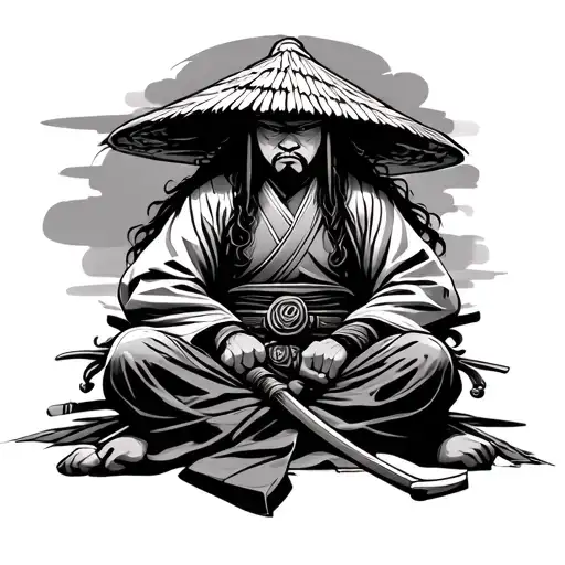 A Samurai Wearing A Straw Hat Sitting