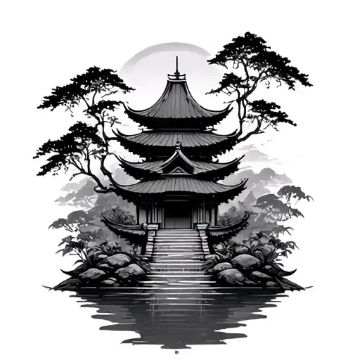 Temple With Bamboo Forest Scene