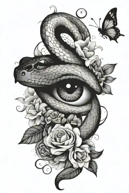 Snake Wrapped Around An Eye With Flowers And Butterflies