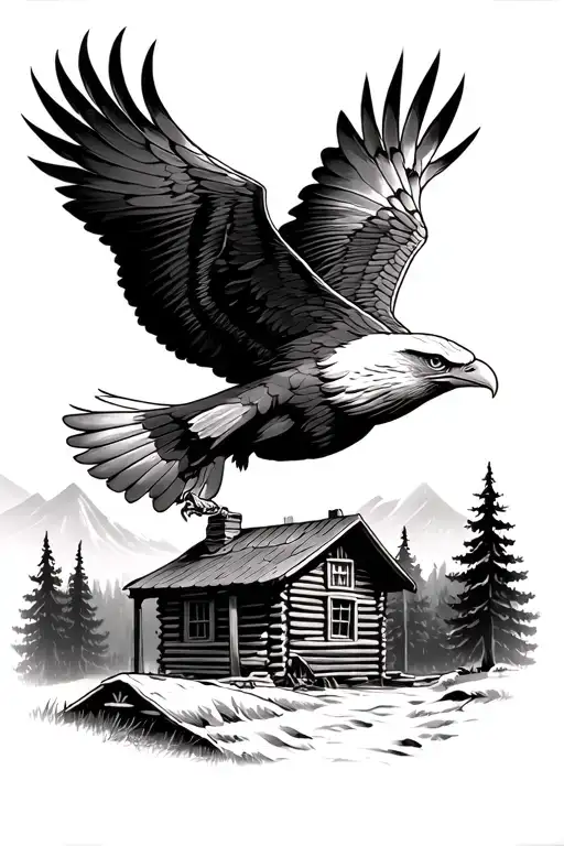 Eagle Flying Over A Cabin In The Woods