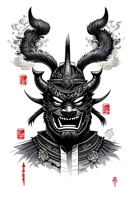 Samurai Culture With Black Oni Mask Surrounded