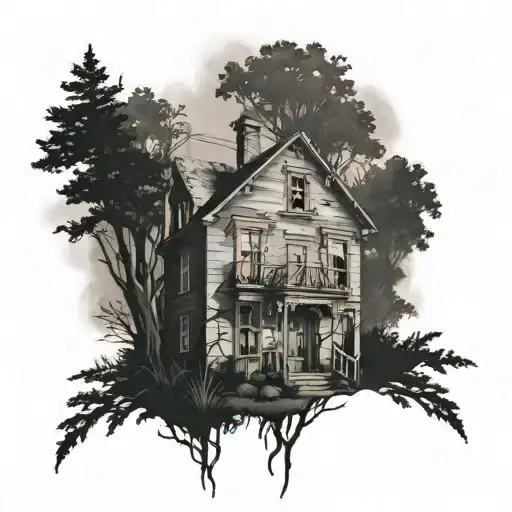A Black And Grey Tattoo Of An Abandoned Building In A Dark Forest Setting