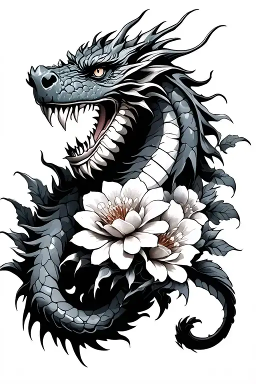 Dragon And Flowers With Teeth Are Combined