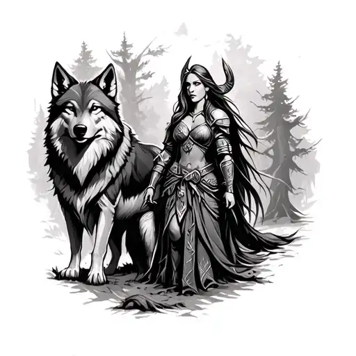 Viking Warrior Princess And Wolf In The Woods Surrounded