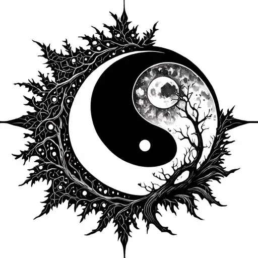 Spiritual Sun And Moon Intertwined With Tree Branches And Its Like Yin And Yang
