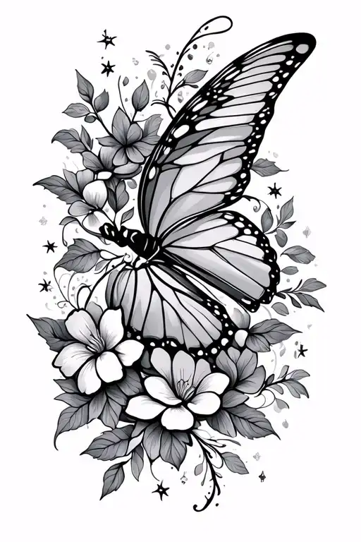 A Delicate Line Art Butterfly Intertwined With Vines And Flowers With Sparkles