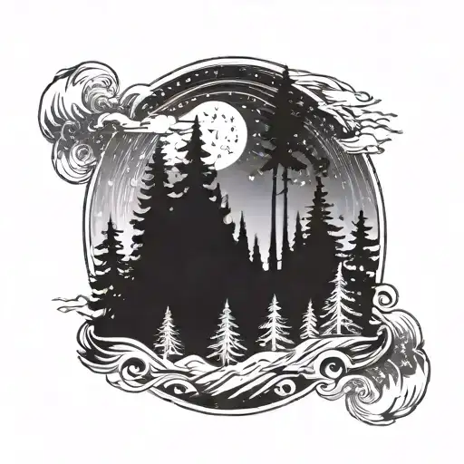 Outer Forearm Design Featuring A Scenic Silhouette Forest And The Northern Lights