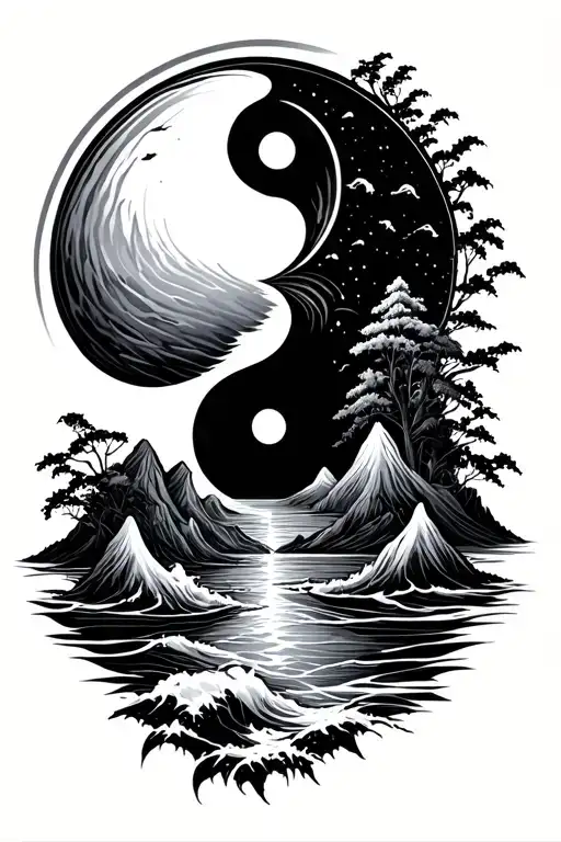 Ying Yang With Sun Set In Dark And Monshine In Bright With Nature Ocean And Mountains