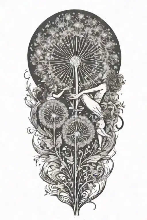 Dandelion Transforming Into A Woman C Two Babies All Holding Hands