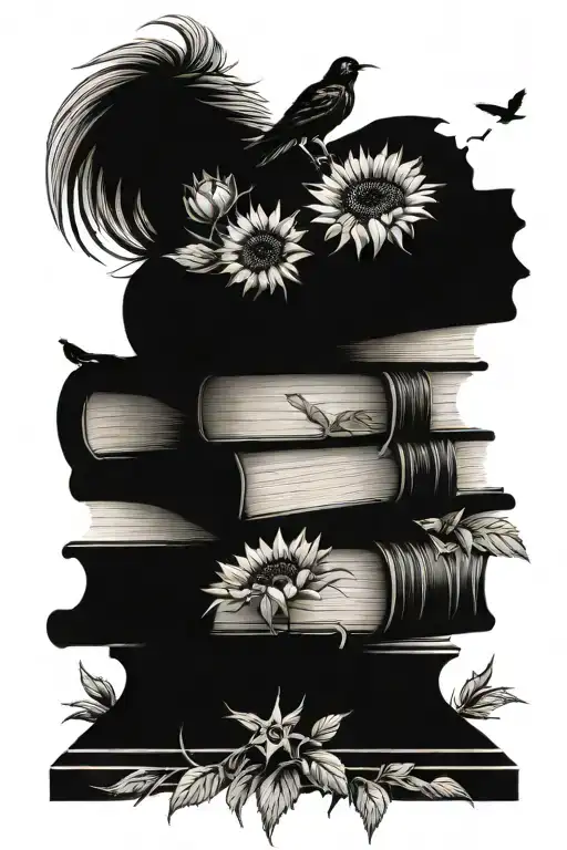Stack Of Books Surrounded By Sunflowers Growing With A Raven And Chess Pieces