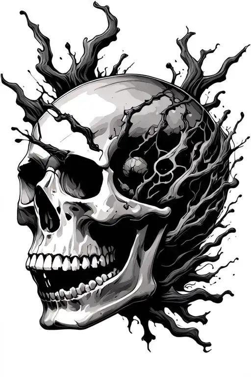 Chaotic Imaginary World That Comes Out Of A Human Skull