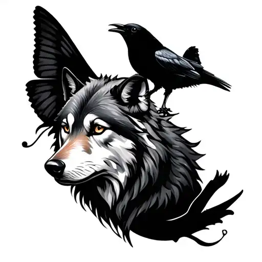 Wolf With Crow And Butterfly