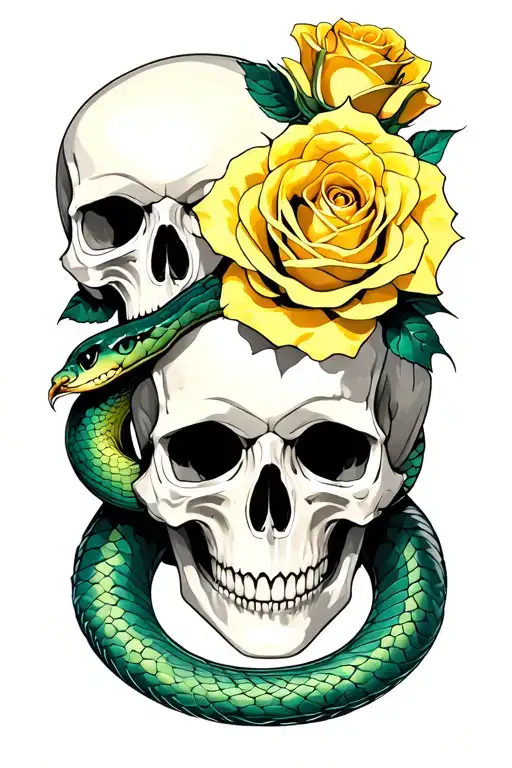 Yellow Roses Surrounded My Skulls With A Green Snake With Nice Eyes