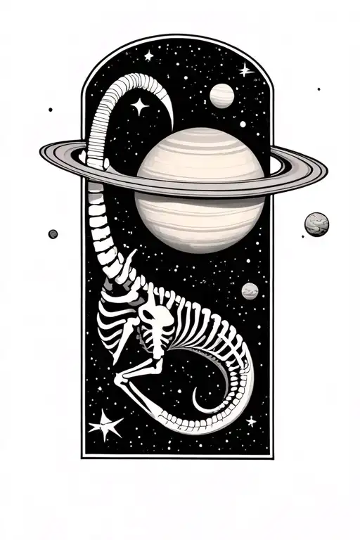 Capricorn Animal Slightly Skeleton With The Planet Saturn In Space Along With Its Constellation