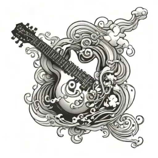 Mythological Tattoo With Clouds Forming The Body Of The Guitar And Musical Notes Flowing Throughout