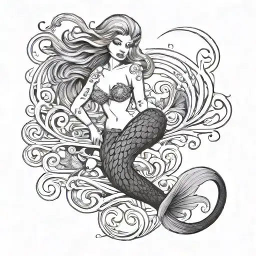 A Mermaid In Lines Who Laid On Her Side And The Text Que Sera Sera Under It