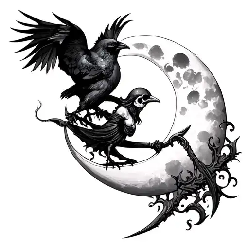 Santa Muerte With Crecsemoon And Raven On Scythe Looking Moon