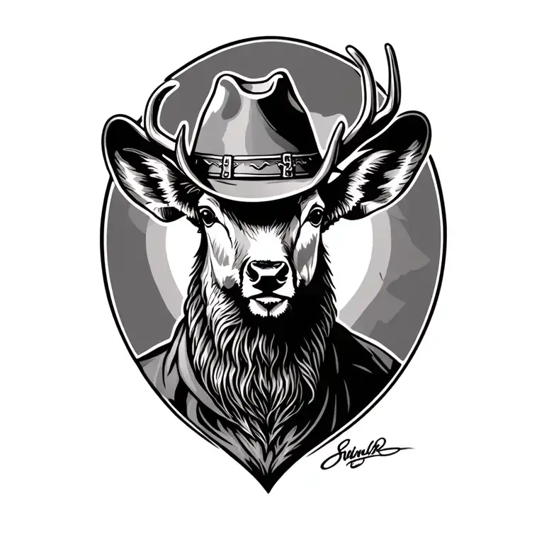 A Tattoo Of A Buck's Head With Arthur Morgan's Cowboy Gambler Hat On Its Head