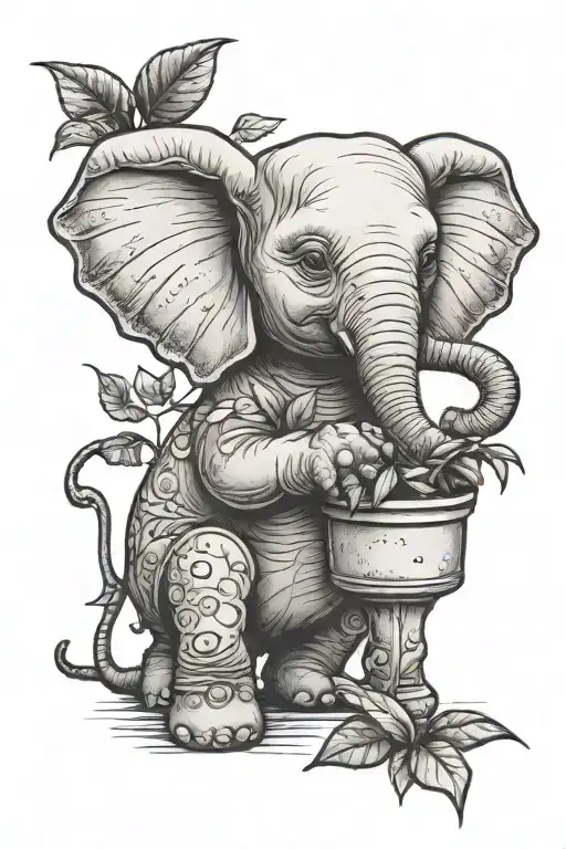 Baby Elephant Sitting With A Pot Plant In Front Growing