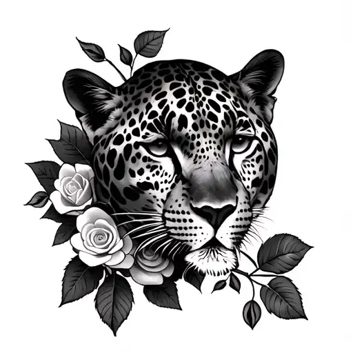 Leopard And Rose With A Vine On Which Small Roses