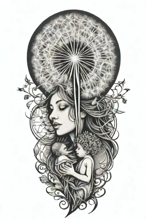Dandelion Transforming Into A Woman Carrying Two Babies